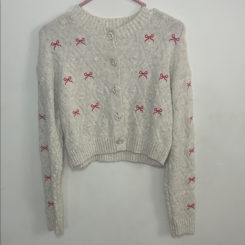 Jessica Simpson Cream Cardigan with Red Bow Details